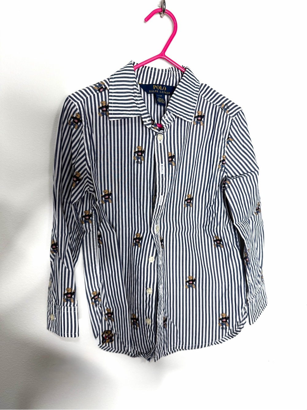Girls Polo by Ralph Lauren Navy and White Striped Button-Down with Bear Motif